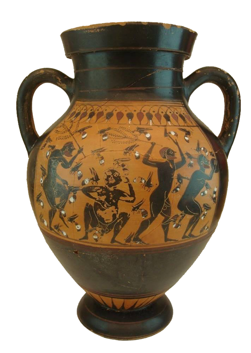 Black-figure amphora. Laios, Keleos, Kerberos and Aigolios are represented as they plunder the hives with the honey with which little Zeus is fed. Greece, 540 BC, British Museum, London